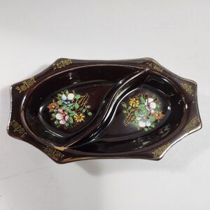 Vintage Moriage Red Ware Divided Dish Hand Painted Brown Enamel Flowers Japan